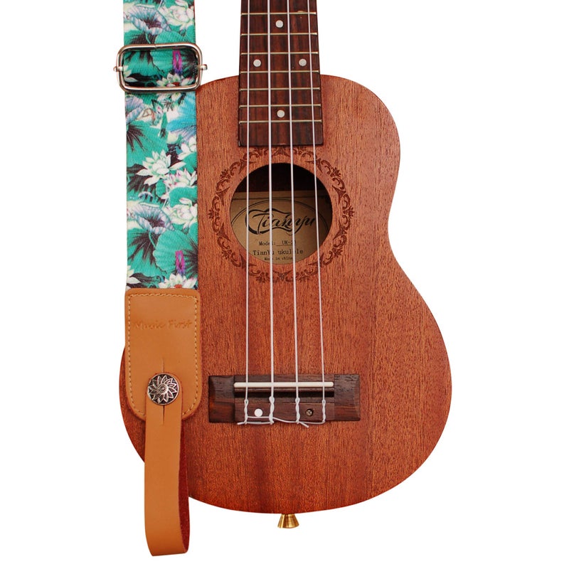 MUSIC FIRST Original Design â€œLOTUSâ€ Soft Nylon & Genuine Leather Ukulele Strap Ukulele Shoulder Strap With a Genuine Leather Strap Locker - Image 1